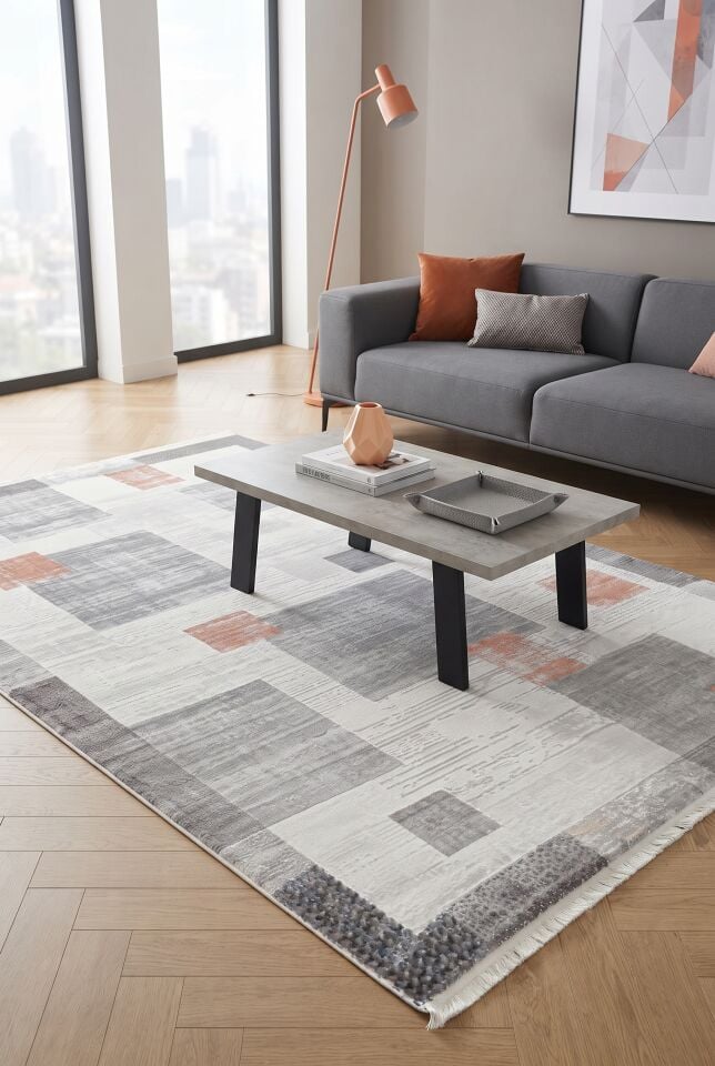 ESİLA HALI B971D Modern Zarif Geometrik Desenli Gri Terra Renginde Halı Oturma Odası Salon Yatak Odası Mutfak Koridor Halısı