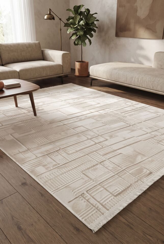 EVOLE HALI 266D Modern Dokulu Geometrik Desenli Krem Halı Oturma Odası Salon Yatak Odası Mutfak Koridor Halısı