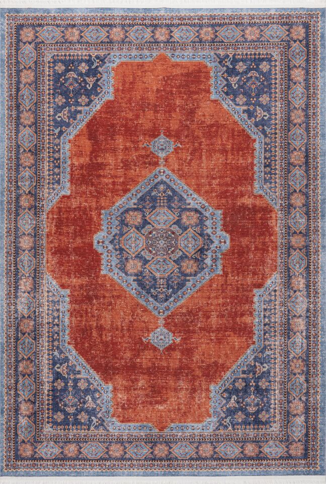 TWİST HALI PS1246V1 Turuncu ve Lacivert Vintage Görünümlü Etnik Desenli Halı Oturma Odası Salon Yatak Odası Mutfak Koridor Halısı
