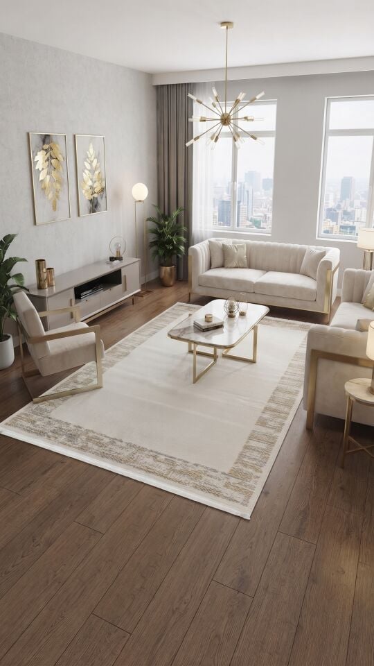 OCEAN HALI 0053A  Modern Gold  Çerçeve Çizgili Beyaz Halı Oturma Odası Salon Yatak Odası Mutfak Koridor Halısı