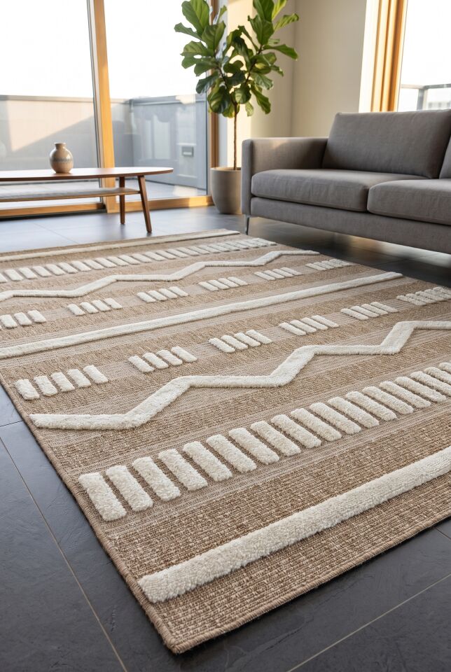 LAPİS HALI 702A Modern Dokulu Modern Görünümlü Jüt Halı Natural Krem Oturma Odası Salon Yatak Odası Mutfak Koridor Halısı