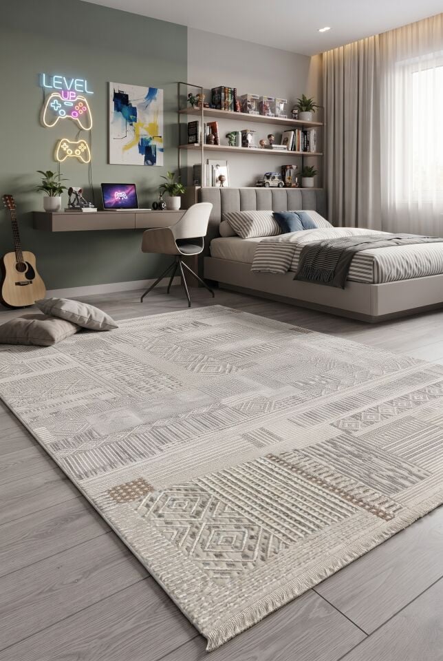 SENFONİ HALI 344A Modern Bohem Tarzda Kahve Tonlarında Desenli Dokuma Halı Oturma Odası Salon Yatak Odası Mutfak Koridor Halısı