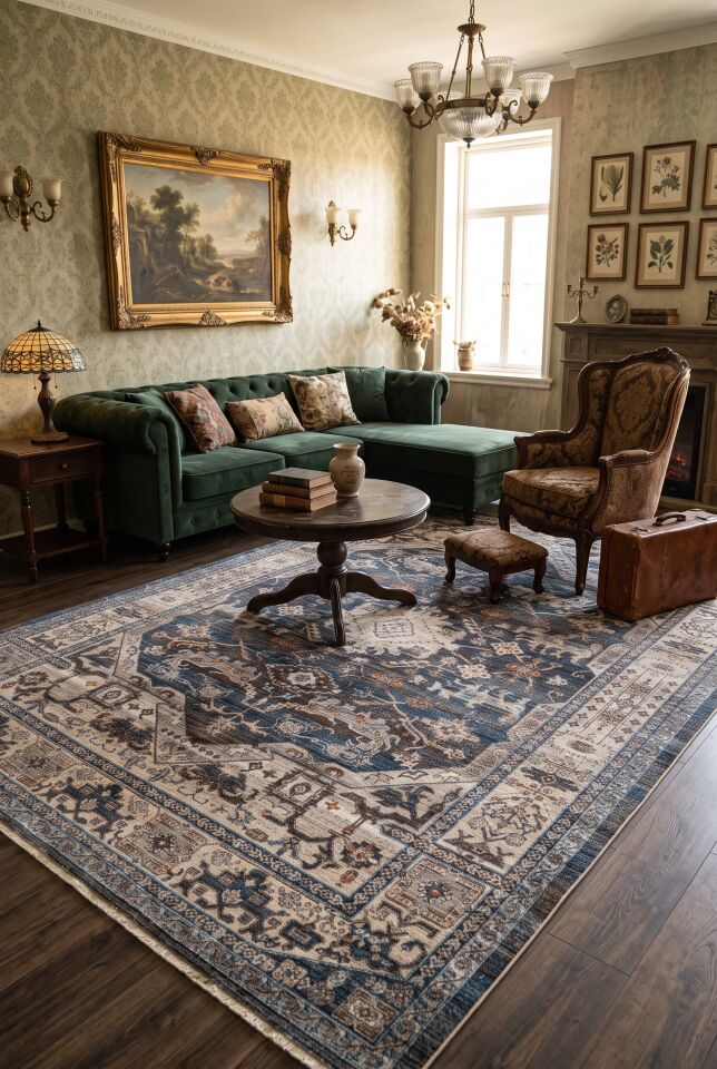 DİSCOVERY HALI 1438A Vintage Ve Zamansız Tasarımı İle Discovery Halı Lacivert Desenli Halı Oturma Odası Salon Yatak Odası Mutfak Koridor Halısı