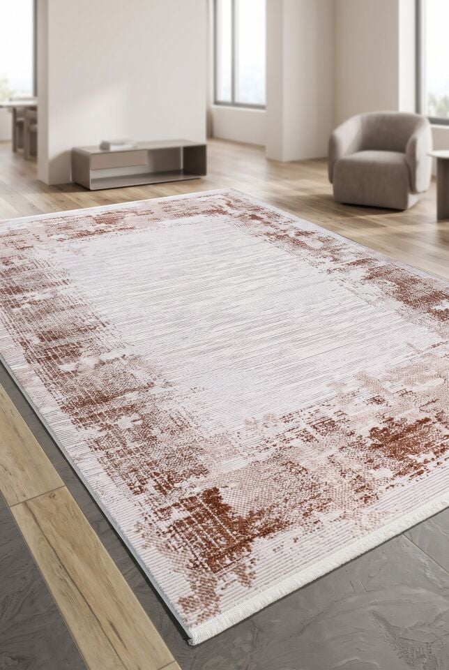 KEOPS HALI D167E Modern Desenleri ve Kusursuz Renk Uyumu İle Çerçeveli Kahve Renginde Halı Oturma Odası Salon Yatak Odası Mutfak Koridor Halısı