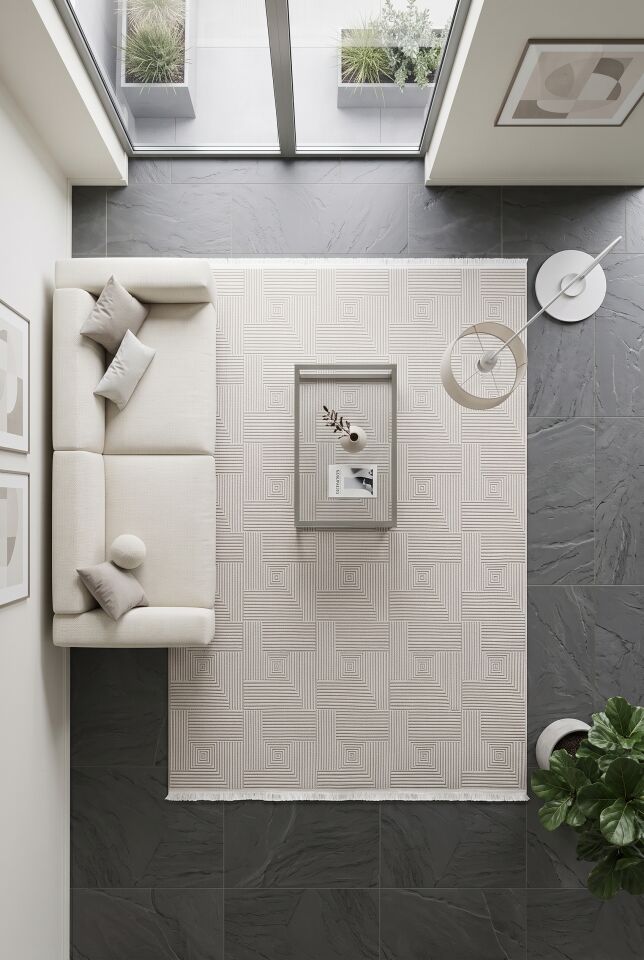 ALMİRA HALI 065A Modern Asimetrik Desenli Sade Ve Şık Krem Halı Oturma Odası Salon Halısı Krem
