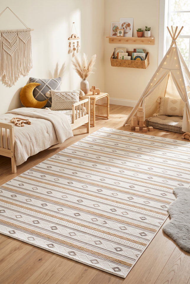 TALYA HALI 46339A Modern Geometrik Desenli Krem Gri Dokuma Halı Oturma Odası Salon Yatak Odası Mutfak Koridor Halısı