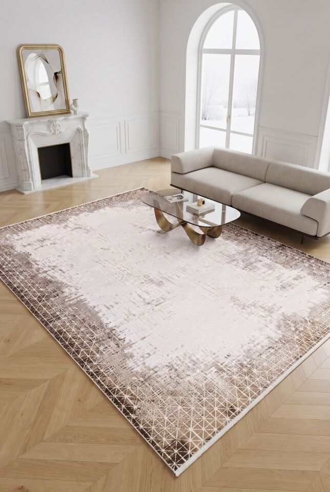 BİANCA HALI 31620A Modern Geometrik Desenli Çerçeveli Krem Vizon Halı Oturma Odası Salon Yatak Odası Mutfak Koridor Halısı