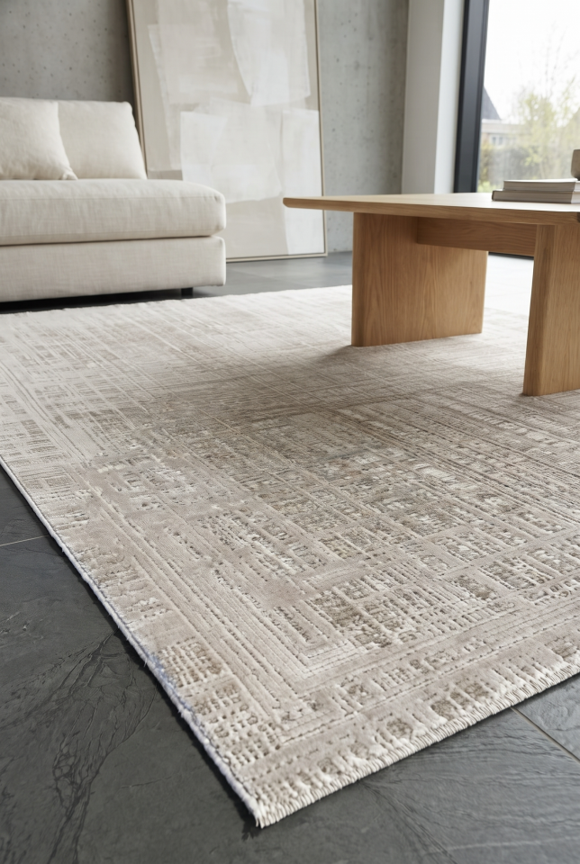 LORENZA HALI 503C Modern Geometrik Desenli Bej Dokuma Halı Oturma Odası Salon Yatak Odası Mutfak Koridor Halısı Tozumaz Bej