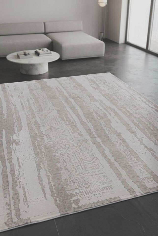 LORENZA HALI 508B Eskitme Dokulu Lüks Modern Bej Gri Halı