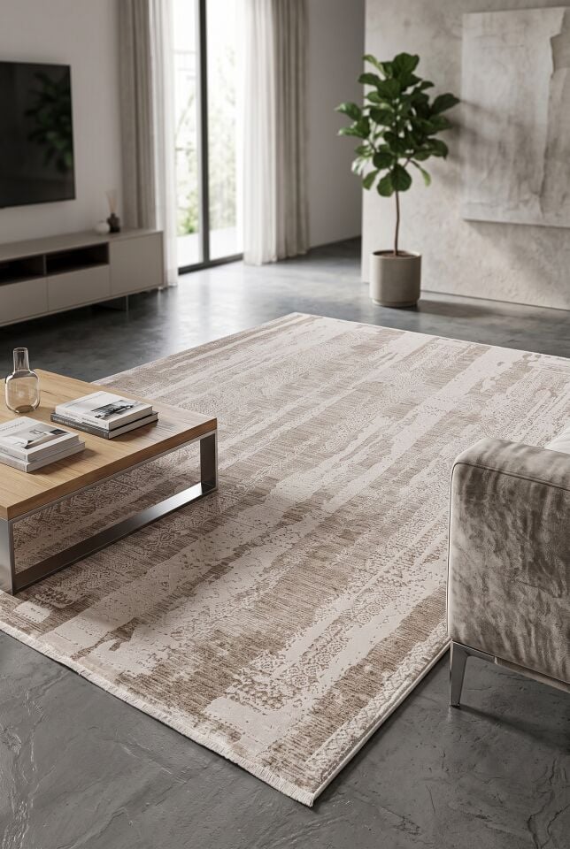 LORENZA HALI 508C Eskitme Dokulu Lüks Modern Krem Bej Halı Oturma Odası Salon Yatak Odası Mutfak Koridor Halısı Tozumaz Bej