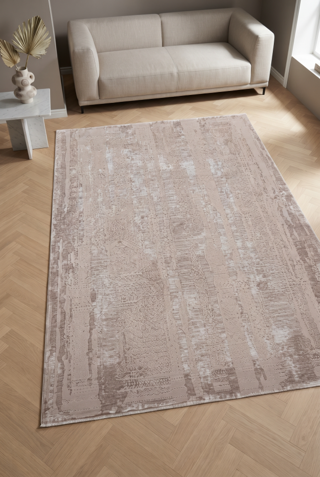 LORENZA HALI 508D Eskitme Dokulu Lüks Modern Krem Vizon Halı Oturma Odası Salon Yatak Odası Mutfak Koridor Halısı Tozumaz Vizon