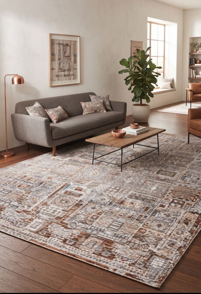 PETRA HALI T583B Modern Etnik Desenli Vizon Dokuma Halı Oturma Odası Salon Yatak Odası Mutfak Koridor Halısı Tozumaz Vizon