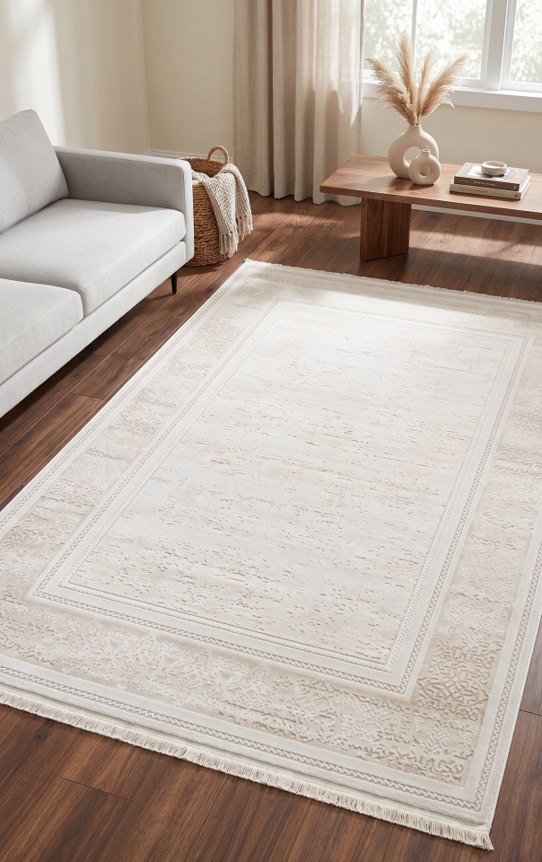 EVOLE HALI 220C Modern Dokulu Çerçeveli Krem Halı Oturma Odası Salon Yatak Odası Mutfak Koridor Halısı