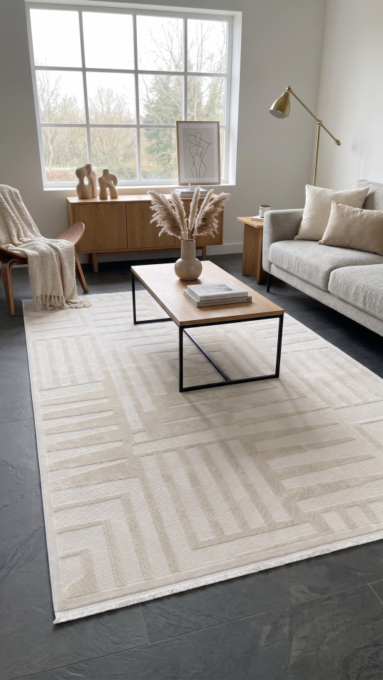 EVOLE HALI 258B Modern Geometrik Desenli Krem Halı Oturma Odası Salon Yatak Odası Mutfak Koridor Halısı