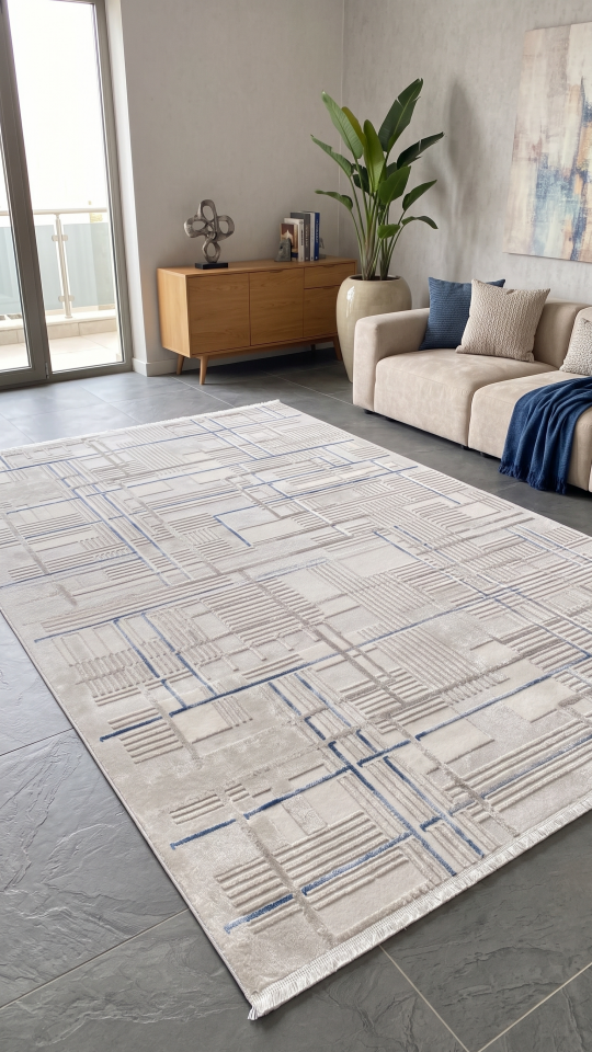 EVOLE HALI 266A  Modern Dokulu Geometrik Desenli Mavi Halı Oturma Odası Salon Yatak Odası Mutfak Koridor Halısı