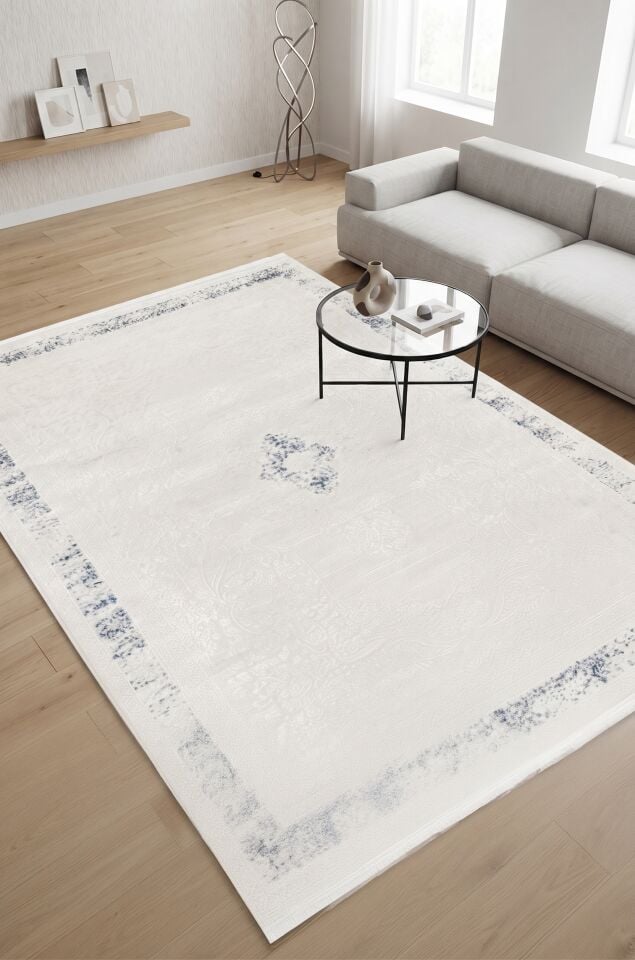 OCEAN HALI 0055A Modern Klasik Desenli Mavi Göbekli Çerçeveli Halı Oturma Odası Salon Yatak Odası Mutfak Koridor Halısı