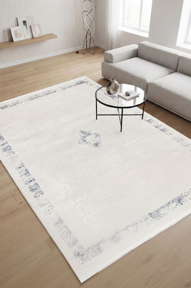 OCEAN HALI 0055A Modern Klasik Desenli Mavi Göbekli Çerçeveli Halı Oturma Odası Salon Yatak Odası Mutfak Koridor Halısı
