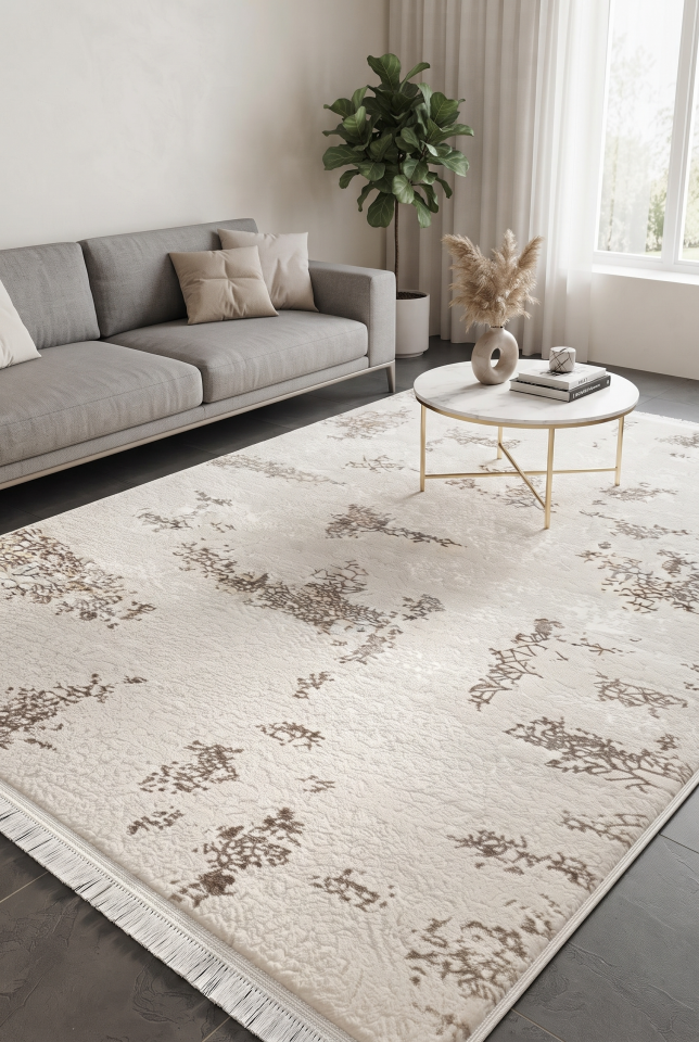 OCEAN HALI 0075A Modern Soyut Desen Krem Vizon Halı Oturma Odası Salon Yatak Odası Mutfak Koridor Halısı