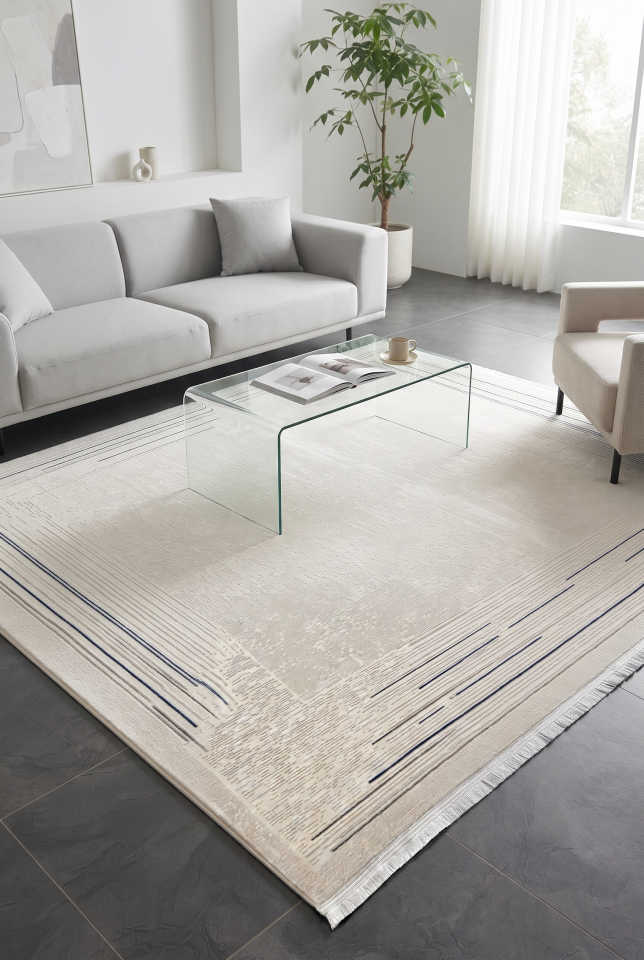 OCEAN HALI 0076A Modern Gri Mavi Çerçeve Çizgili Beyaz Halı Oturma Odası Salon Yatak Odası Mutfak Koridor Halısı