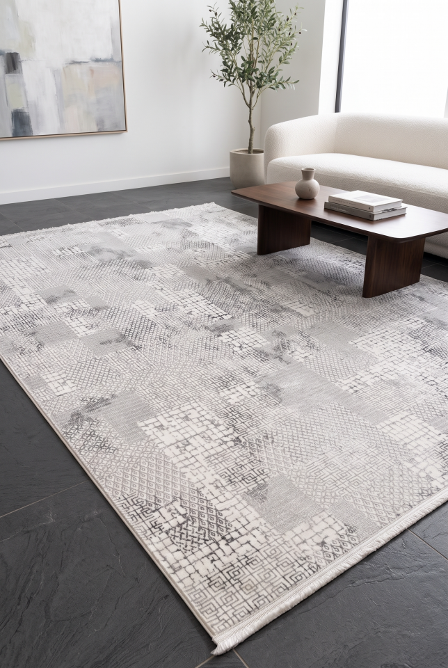 OCEAN HALI 20182A Modern Beyaz Gri Desenli Halı Oturma Odası Salon Yatak Odası Mutfak Koridor Halısı