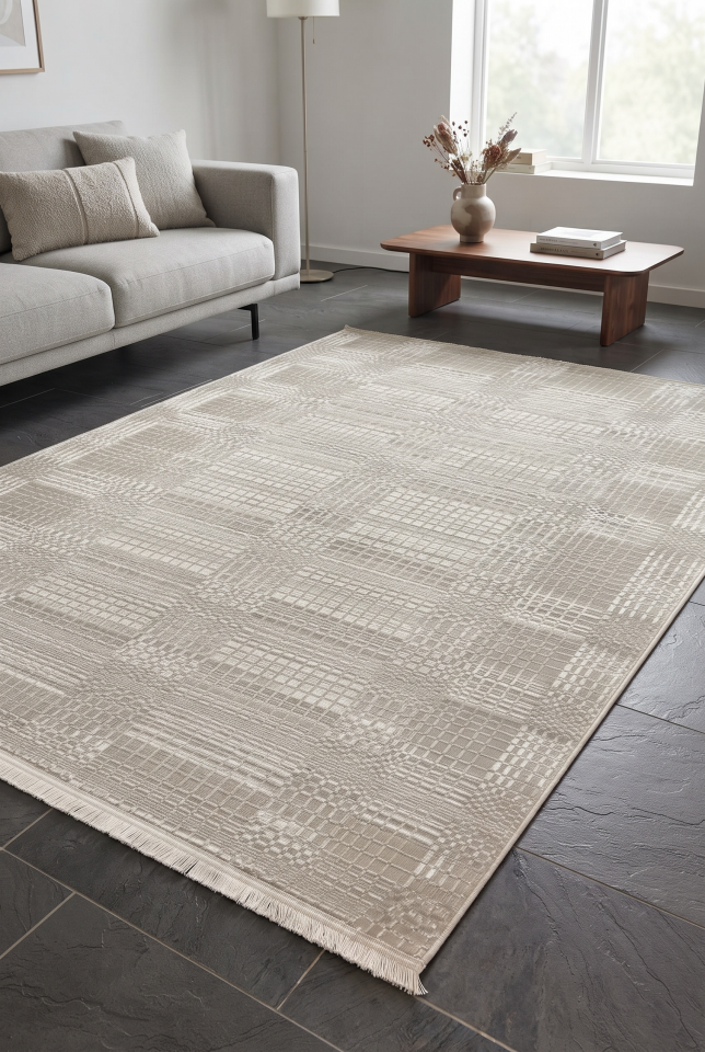 OCEAN HALI 30287A  Modern Geometrik Desenli Krem Bej Halı Oturma Odası Salon Yatak Odası Mutfak Koridor Halısı