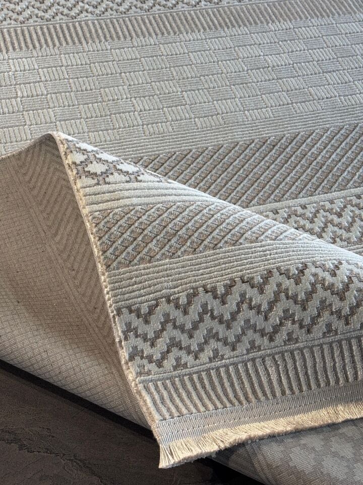 LİNE HALI 6612A Modern Dokulu Geometrik Çizgili Desenli Vizon Renkli Halı Oturma Odası Salon Yatak Odası Mutfak Koridor Halısı