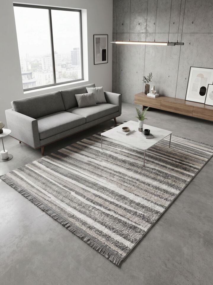 LOOP & LOOP HALI 13817 Dekoratif Sade Ve Şık Tarzlı İskandinav Koyu Gri Bej Tonlu Halı Oturma Odası Salon Yatak Odası Mutfak Koridor Halısı