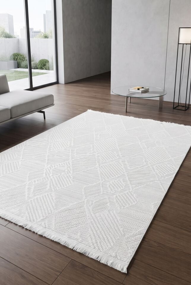 İNOVA HALI 7611 Soft Beyaz Geçişli Minimaliz Tasarımlı Oturma Odası Salon Yatak Odası Mutfak Koridor Halısı