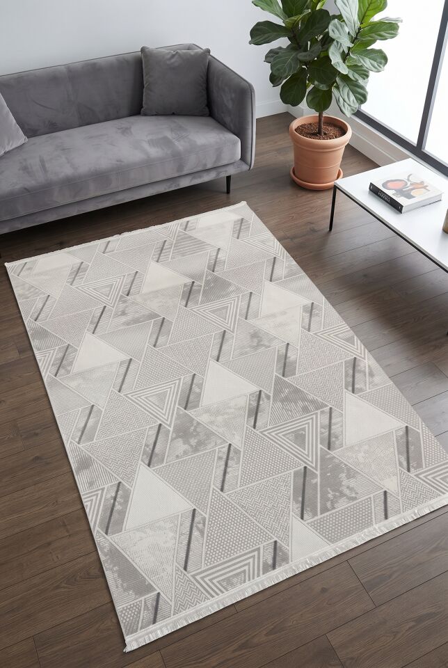 MİRANDA HALI 427A Gri Beyaz Geometrik Yün Tuşeli Akrilik Halı Salon Oturma Odası Dokuma Makina Halısı