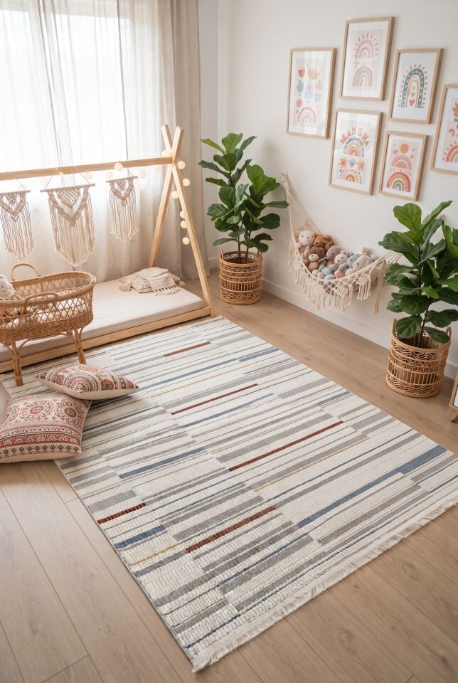 SENFONİ HALI 338D Modern Bohem Tarzda Geometrik Desenli Kiremit Lacivert Renginde Dokuma Halı Oturma Odası Salon Yatak Odası Mutfak Koridor Halısı