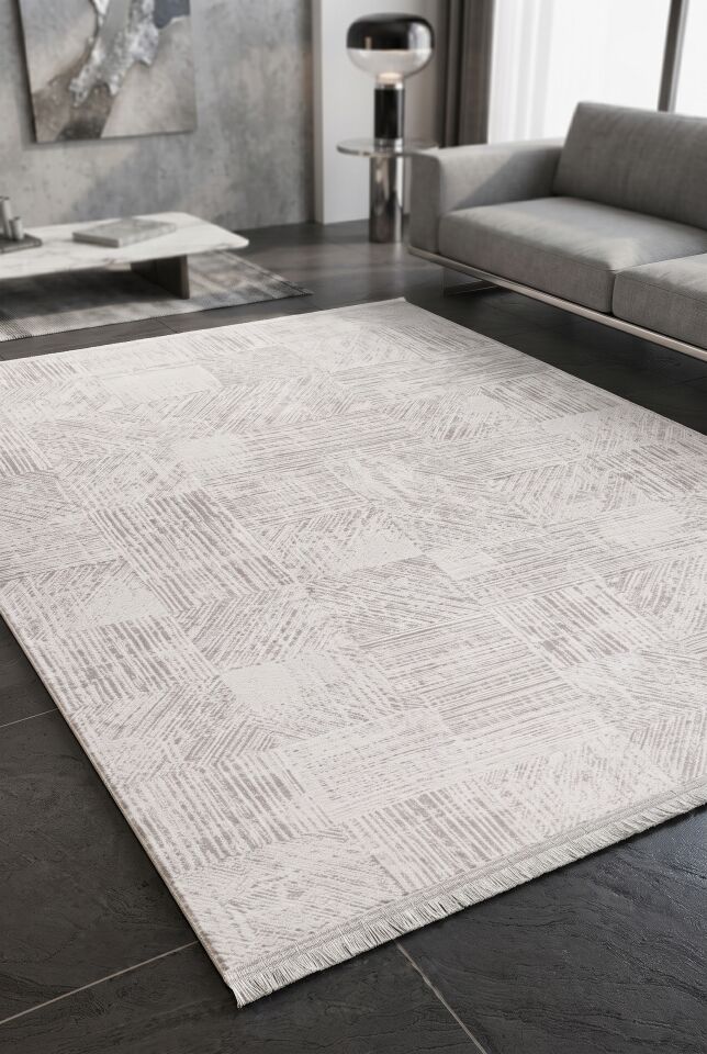MİRANDA HALI 461A Gri Beyaz Geometrik Yün Tuşeli Akrilik Halı Salon Oturma Odası Dokuma Makina Halısı